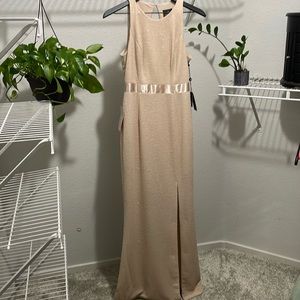 Adrianna Papell champagne metalic knit dress with slit, open back and satin bow